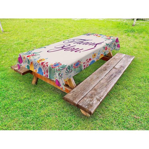  Ambesonne Flower Outdoor Tablecloth, Thank You Quote Surrounded by Festive Elements Like Flowers Fruits and Leaves Art, Decorative Washable Picnic Table Cloth, 58 X 104 Inches, Mul