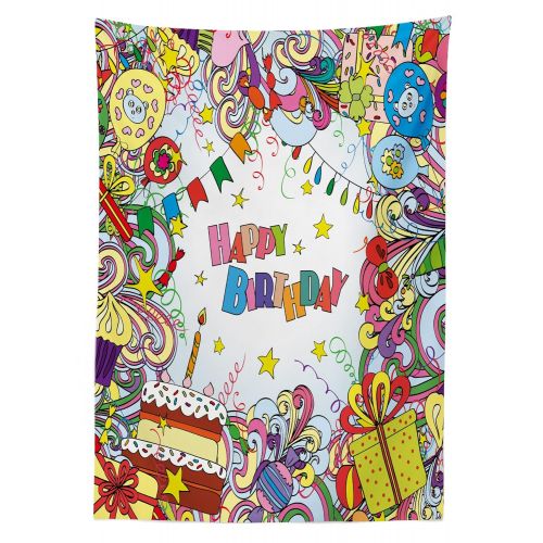  Ambesonne Birthday Outdoor Tablecloth, Greeting Card Inspired Artwork in Colorful Cartoon Style Party Themed, Decorative Washable Picnic Table Cloth, 58 X 120, Multicolor