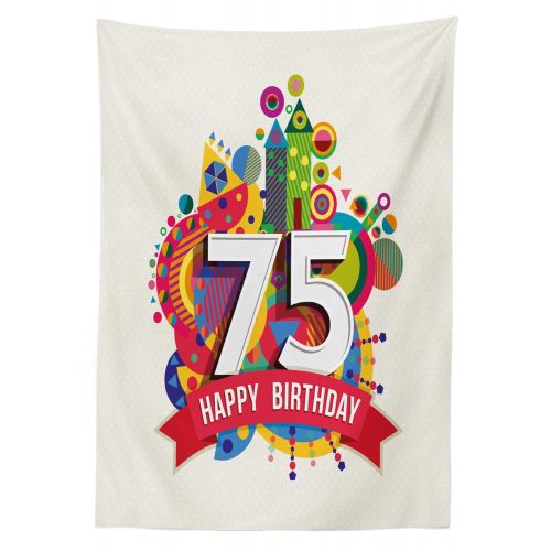  Ambesonne 75th Birthday Outdoor Tablecloth, Festive and Geometrical Colorful Cartoon Style Label in Vibrant Colors Print, Decorative Washable Picnic Table Cloth, 58 X 84 Inches, Mu