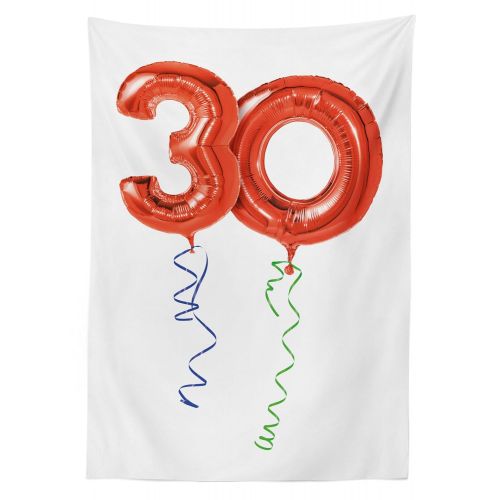  Ambesonne 30th Birthday Outdoor Tablecloth, Red Colored Number Balloons with Swirl Ribbons Festive Party Concept, Decorative Washable Picnic Table Cloth, 58 X 84 Inches, Red Blue G