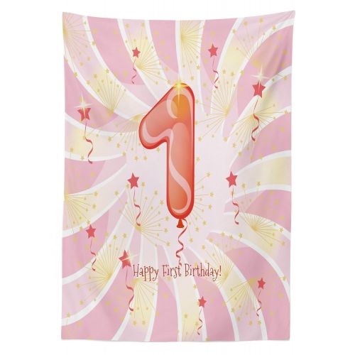  Ambesonne 1st Birthday Outdoor Tablecloth, Festive Celebration for a New Born Baby Party Theme Image Print, Decorative Washable Picnic Table Cloth, 58 X 120 Inches, Pale Pink and W