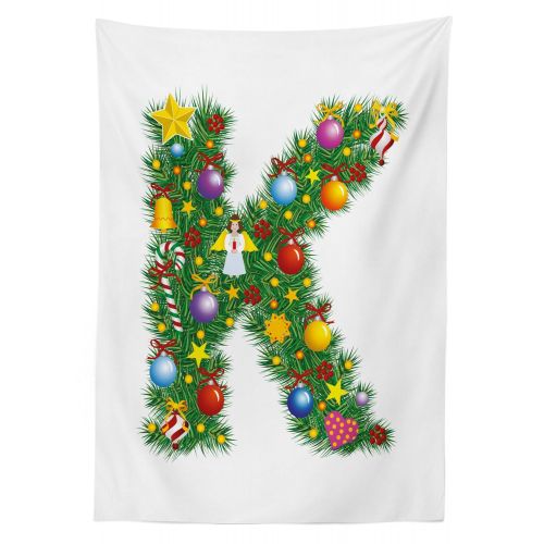  Ambesonne Letter K Outdoor Tablecloth, Colorful Festive Christmas Pine Tree Letter with Bauble Candy and Angel Figures, Decorative Washable Picnic Table Cloth, 58 X 84 Inches, Mult