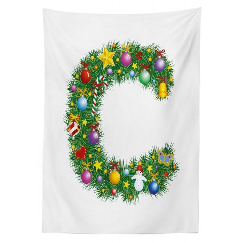  Ambesonne Letter C Outdoor Tablecloth, Festive Celebration Design Letter C Capital Hearts Colorful Balls Winter Holiday, Decorative Washable Picnic Table Cloth, 58 X 104 Inches, Mu