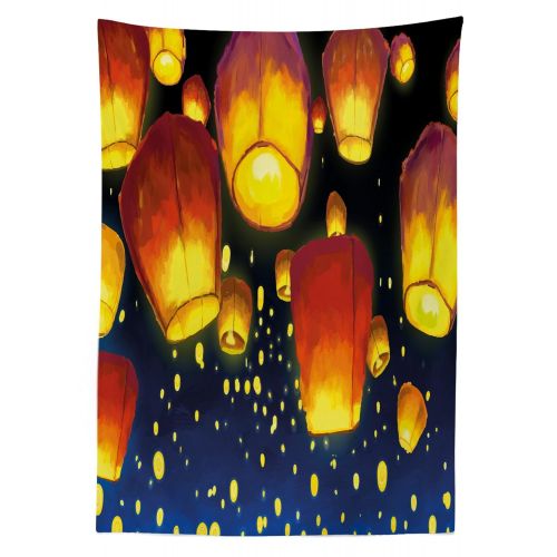  Ambesonne Lantern Outdoor Tablecloth, Floating Fanoos Like Devices on Sky Festive Auspicious Asian Culture Chinese, Decorative Washable Picnic Table Cloth, 58 X 84 Inches, Dark Blu