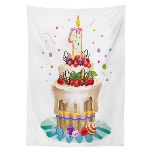  Ambesonne 1st Birthday Outdoor Tablecloth, Baby First Party Festive Cake with Forest Fruits and Candlestick Image Print, Decorative Washable Picnic Table Cloth, 58 X 84 Inches, Mul