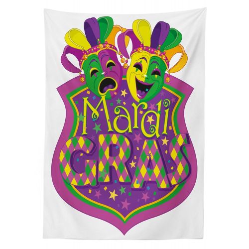  Ambesonne Mardi Gras Outdoor Tablecloth, Comedy and Tragedy Masks with Festive Mardi Gras Carnival Blazon Design, Decorative Washable Picnic Table Cloth, 58 X 84 Inches, Purple Gre