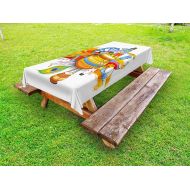 Ambesonne Ethnic Outdoor Tablecloth, Ancient Festive Holiday Composition with Figures Peacock Feather and Cultural Symbol, Decorative Washable Picnic Table Cloth, 58 X 120 Inches,