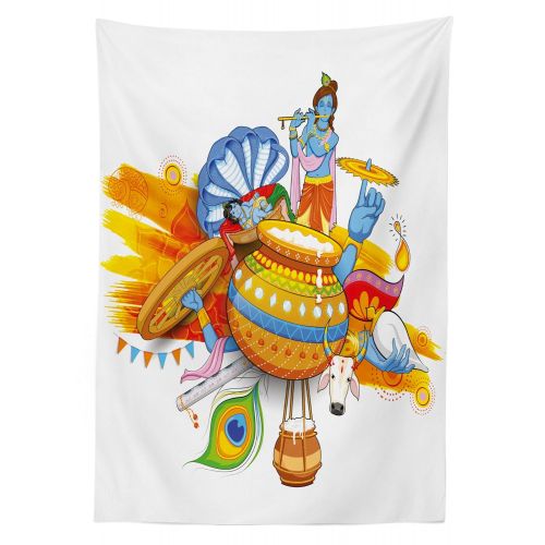  Ambesonne Ethnic Outdoor Tablecloth, Ancient Festive Holiday Composition with Figures Peacock Feather and Cultural Symbol, Decorative Washable Picnic Table Cloth, 58 X 120 Inches,