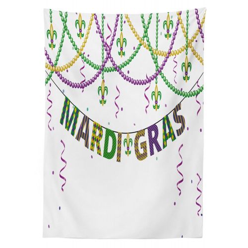  Ambesonne Mardi Gras Outdoor Tablecloth, Festive Design with Fleur De Lis Icons Hanging from Colorful Beads, Decorative Washable Picnic Table Cloth, 58 X 84 Inches, Purple Green Ye