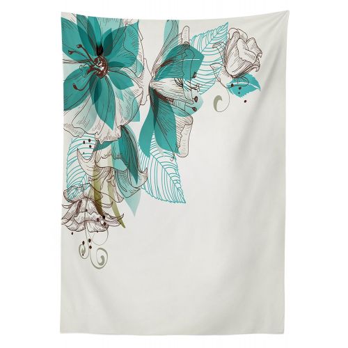  Ambesonne Turquoise Outdoor Tablecloth, Flowers Buds Leaf at The top Left Corner Festive Season Celebrating Theme, Decorative Washable Picnic Table Cloth, 58 X 84 Inches, Teal Pale