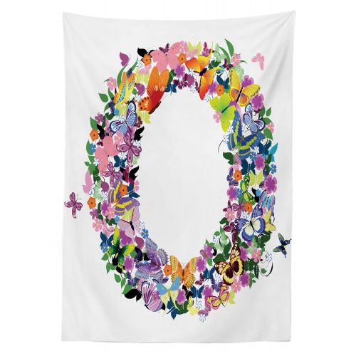  Ambesonne Letter O Outdoor Tablecloth, Uppercase Initial with Butterflies and Flowers Festive Spring Inspired Composition, Decorative Washable Picnic Table Cloth, 58 X 84 Inches, M