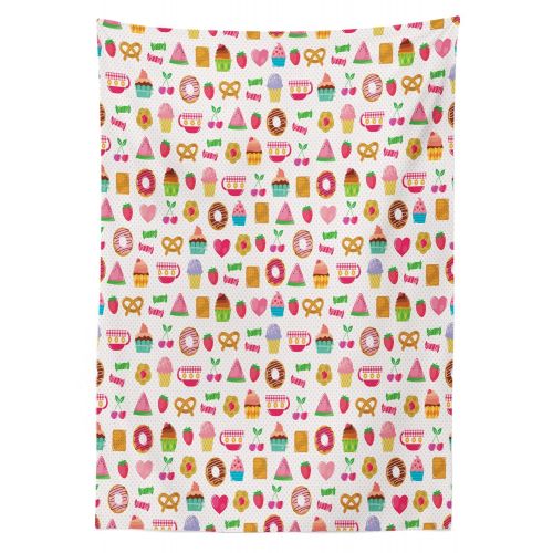  Ambesonne Tea Party Outdoor Tablecloth, Sweets Candies Cookies Fruit and Other Cute Things Festive Cheerful Collection, Decorative Washable Picnic Table Cloth, 58 X 120 Inches, Mul