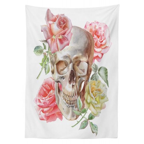  Ambesonne Rose Outdoor Tablecloth, Tender Blossoms with Hand Drawn Style Watercolor Skull Figure Mexican Festive Gothic, Decorative Washable Picnic Table Cloth, 58 X 104 Inches, Mu