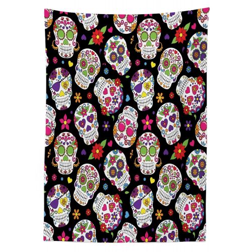  Ambesonne Sugar Skull Outdoor Tablecloth, Graveyard Mexico Mask Design on Black Backdrop Print, Decorative Washable Picnic Table Cloth, 58 X 104, Multicolor