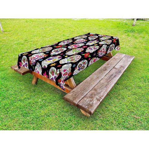  Ambesonne Sugar Skull Outdoor Tablecloth, Graveyard Mexico Mask Design on Black Backdrop Print, Decorative Washable Picnic Table Cloth, 58 X 104, Multicolor