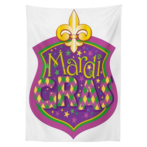  Ambesonne Mardi Gras Outdoor Tablecloth, Blazon Design Mardi Gras Inscription and Fleur de Lis, Decorative Washable Picnic Table Cloth, 58 X 120, Purple Yellow Green