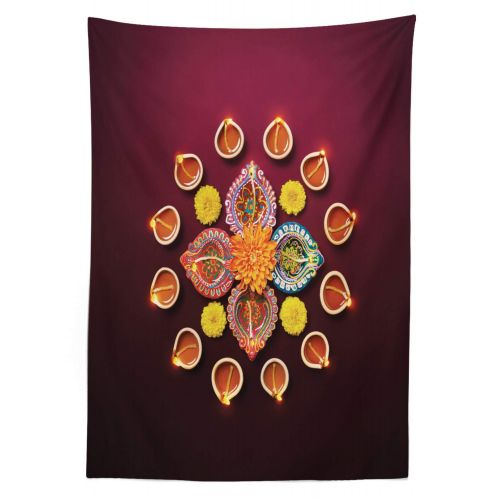  Ambesonne Diwali Outdoor Tablecloth, Festive Celebration Tribal Ancient Sacred Flowers with Burning Candles Print, Decorative Washable Picnic Table Cloth, 58 X 104 Inches, Orange a