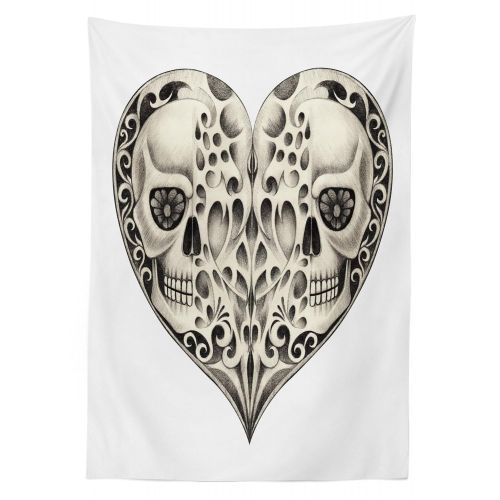  Ambesonne Day of The Dead Outdoor Tablecloth, Twin Half Fire Design in Heart Shapes Festive Spanish Image Print, Decorative Washable Picnic Table Cloth, 58 X 84 Inches, Cream and B