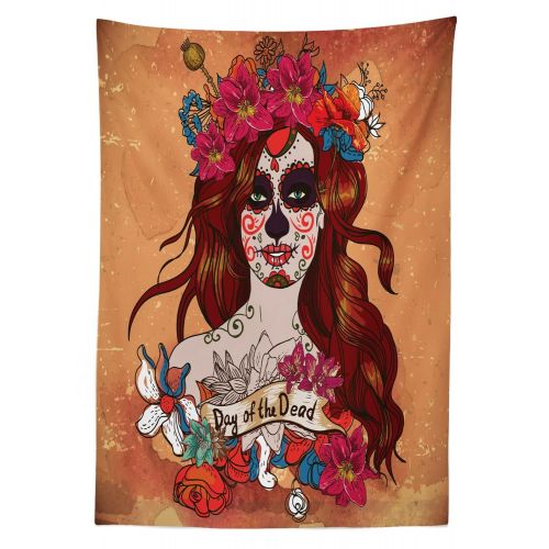  Ambesonne Day of The Dead Outdoor Tablecloth, Dia de Los Muertos Spanish Culture Mexican Festive Skull Art, Decorative Washable Picnic Table Cloth, 58 X 120 Inches, Cinnamon Magent