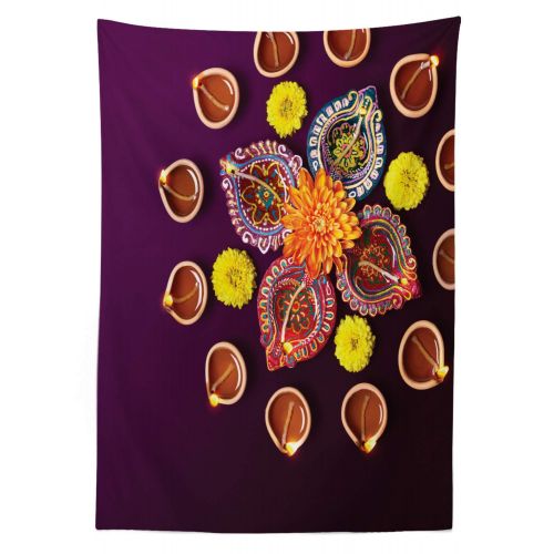  Ambesonne Diwali Outdoor Tablecloth, Festive Celebration in Ancient Sacred Day Diwali Flowers and Burning Candles Print, Decorative Washable Picnic Table Cloth, 58 X 84 Inches, Vio