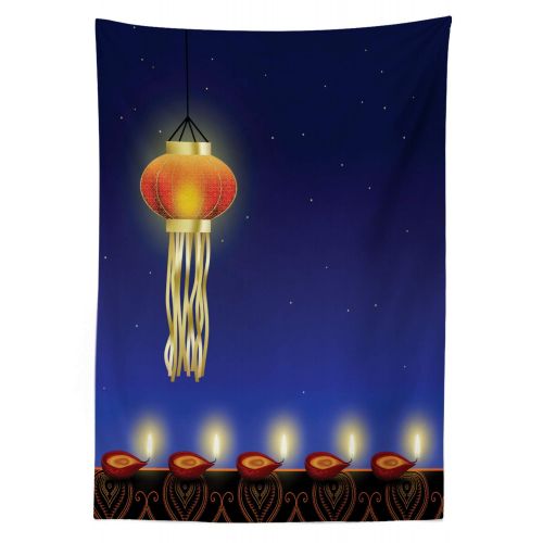  Ambesonne Diwali Outdoor Tablecloth, Ancient Theme Celebration Festive Night with Stars and Burning Candles, Decorative Washable Picnic Table Cloth, 58 X 120 Inches, Night Blue and