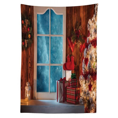  Ambesonne Christmas Outdoor Tablecloth, Xmas Scenery in House with Frozen Window Traditional Ritual Annual Festive Design, Decorative Washable Picnic Table Cloth, 58 X 120 Inches,