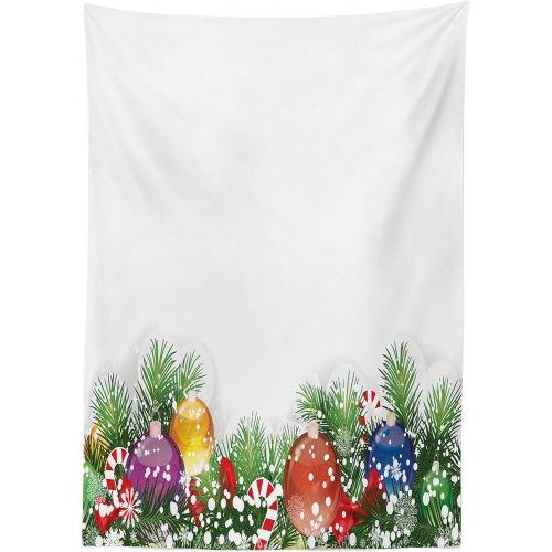  Ambesonne Christmas Outdoor Tablecloth, Holiday Season Office Design Tree Celebration Snowflakes Celebration, Decorative Washable Picnic Table Cloth, 58 X 120, White Green Red