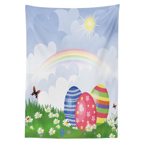 Ambesonne Easter Outdoor Tablecloth, Spring Season Nature with Daisies Butterfly and Rainbow Festive Colorful Ornate Eggs, Decorative Washable Picnic Table Cloth, 58 X 120 Inches,