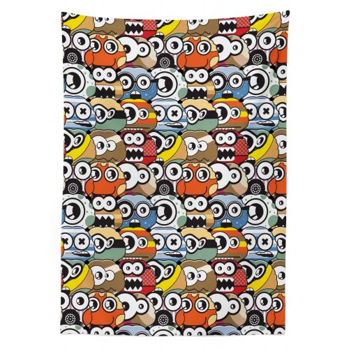  Ambesonne Funny Outdoor Tablecloth, Cartoon Monsters Pattern with Comical Eyes and Mouths Humorous Festive Characters, Decorative Washable Picnic Table Cloth, 58 X 120 Inches, Mult