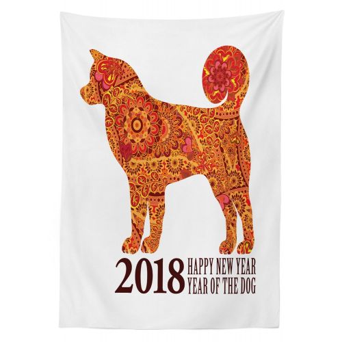  Ambesonne Year of The Dog Outdoor Tablecloth, Canine Design with Blooming Flowers and Hearts 2018 Festive Asian Calendar, Decorative Washable Picnic Table Cloth, 58 X 104 Inches, M