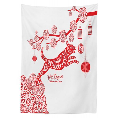  Ambesonne Year of The Dog Outdoor Tablecloth, Monochrome Canine in a Festive Illustration New Year Celebration, Decorative Washable Picnic Table Cloth, 58 X 104 Inches, Vermilion a