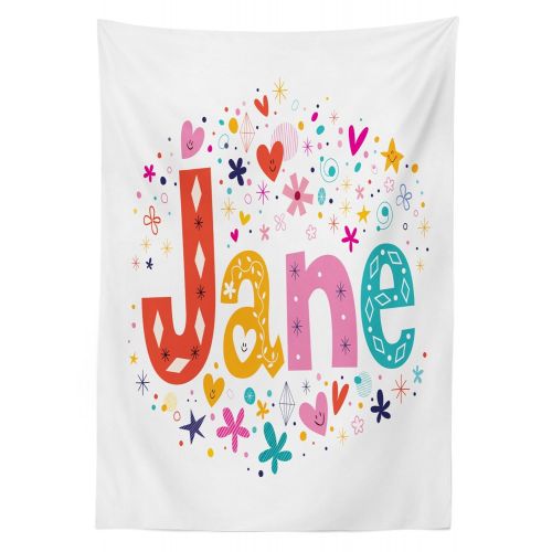  Ambesonne Jane Outdoor Tablecloth, Cartoon Style Festive Celebratory Design Rhombuses Flowers and Snowflakes Baby Name, Decorative Washable Picnic Table Cloth, 58 X 120 Inches, Mul