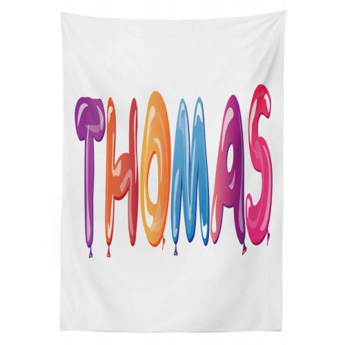  Ambesonne Thomas Outdoor Tablecloth, Colorful Common American Boy Name with Ancient Connection Festive Fun Balloons, Decorative Washable Picnic Table Cloth, 58 X 104 Inches, Multic