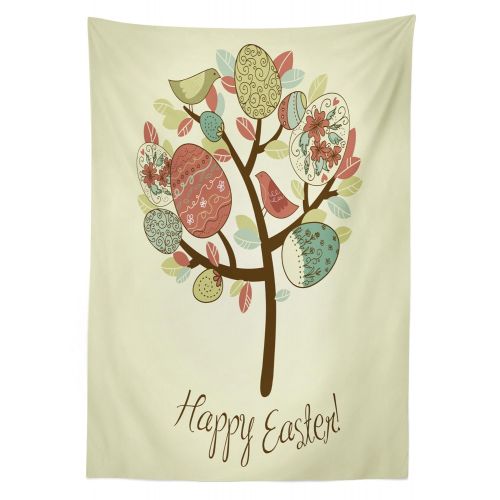  Ambesonne Easter Outdoor Tablecloth, Vintage Spring Tree with Colorful Foliage Ornate Eggs Birds Festive Easter Holiday, Decorative Washable Picnic Table Cloth, 58 X 120 Inches, Mu