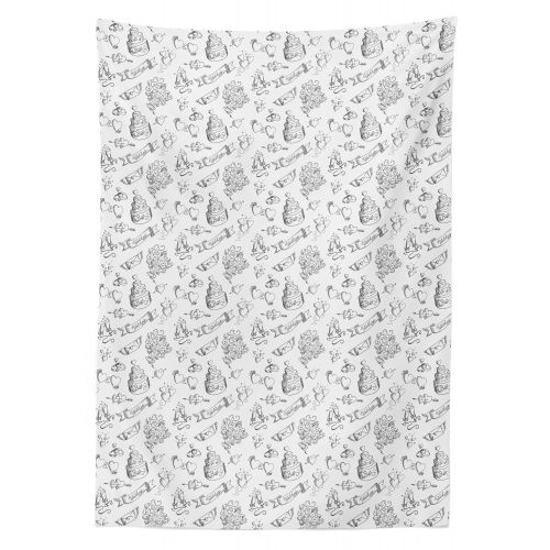  Ambesonne Wedding Outdoor Tablecloth, Monochrome Festive Day Illustration with Ornate Cake Hearts and Floral Bouquets, Decorative Washable Picnic Table Cloth, 58 X 104 Inches, Blac