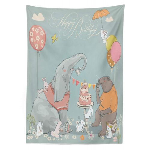  Ambesonne Birthday Outdoor Tablecloth, Festive Celebration Surprise Party Theme Art with Elephant Bear and Hares, Decorative Washable Picnic Table Cloth, 58 X 104 Inches, Multicolo