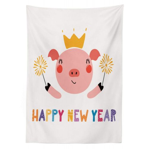  Ambesonne Pig Outdoor Tablecloth, Happy New Year Calligraphy with Animal in Crown Red Cheeks Happy and Festive Cartoon, Decorative Washable Picnic Table Cloth, 58 X 120 Inches, Mul