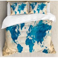 Ambesonne Map Duvet Cover Set, Vintage World Map with Watercolor Brushstrokes on Old Backdrop Print, Decorative 3 Piece Bedding Set with 2 Pillow Shams, King Size, Brown Navy