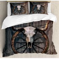 Ambesonne Barn Wood Wagon Wheel Duvet Cover Set, Long Horned Bull Skull and Old West Wagon Wheel on Rustic Wall, Decorative 3 Piece Bedding Set with 2 Pillow Shams, Queen Size, Bla