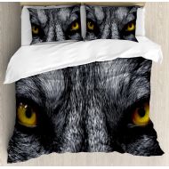 Ambesonne Eye Duvet Cover Set, Dangerous Mammal Eyes of Wild Wolf Aggressive Predator Carnivore Image Print, Decorative 3 Piece Bedding Set with 2 Pillow Shams, Queen Size, Yellow