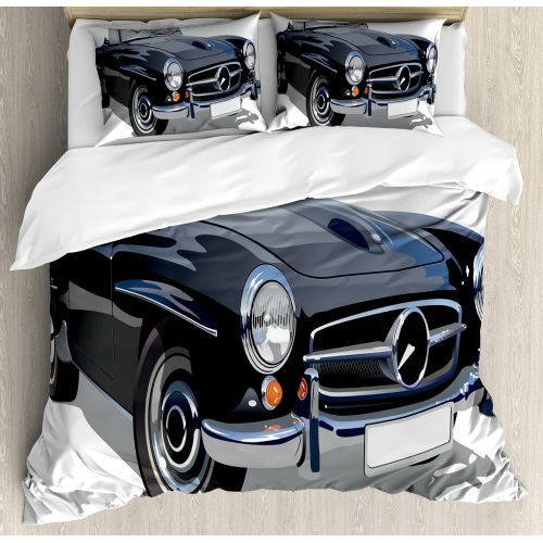  Ambesonne Cars Duvet Cover Set, Classical Retro Vehicle Antique Convertible Prestige Old Fashion Revival, Decorative 3 Piece Bedding Set with 2 Pillow Shams, King Size, Grey White