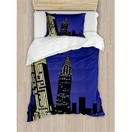 Ambesonne City Duvet Cover Set, Skyscrapers and Taxi New York Theme American Downtown Scenic Skyline, Decorative 2 Piece Bedding Set with 1 Pillow Sham, Twin Size, Blue Yellow