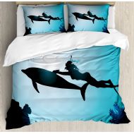 Ambesonne Dolphin Duvet Cover Set, Scuba Diver Girl Swimming with Dolphin Silhouette in Sea Fish Reefs Image, Decorative 3 Piece Bedding Set with 2 Pillow Shams, King Size, Blue Bl