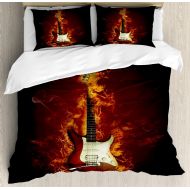 Ambesonne Guitar Duvet Cover Set King Size, Electric Guitar in Flames Burning Fire Hardrock Musical Creativity Concept, Decorative 3 Piece Bedding Set with 2 Pillow Shams, Orange M