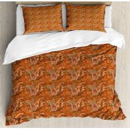 Ambesonne Orange Duvet Cover Set, Traditional Old Fashioned Paisley Pattern Floral Design with Leaves, Decorative 3 Piece Bedding Set with 2 Pillow Shams, King Size, Orange Olive G