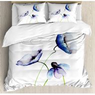 Ambesonne Watercolor Flower Duvet Cover Set, Abstract Poppies Blossoms Simple Composition Picture, Decorative 3 Piece Bedding Set with 2 Pillow Shams, King Size, Blue Green
