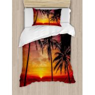 Tropical Decor Duvet Cover Set by Ambesonne, Sunset Tropical Beach Palm Trees Peaceful Ocean Evening View Resort, 2 Piece Bedding Set with 1 Pillow Sham, Twin / Twin XL Size