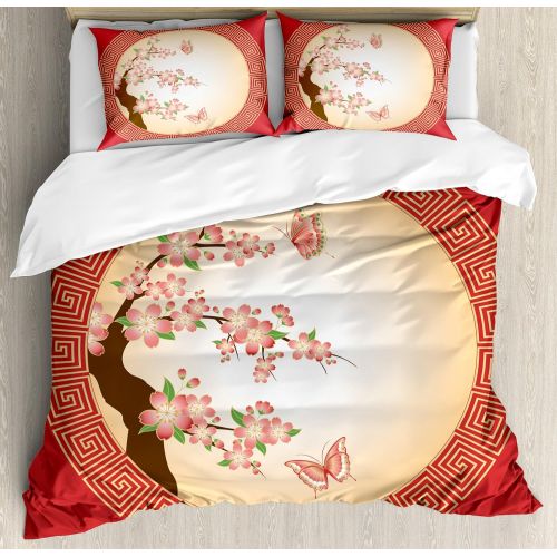  Ambesonne Flamingo Duvet Cover Set, Flock of Caribbean Flamingos Over Lake and Birds Abstract Dreamy Reflection Print, Decorative 3 Piece Bedding Set with 2 Pillow Shams, King Size