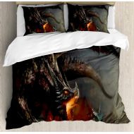 Ambesonne Medieval Duvet Cover Set, Fantasy Scene Fearless Knight with Dragon Art Antique Fantasy, Decorative 3 Piece Bedding Set with 2 Pillow Shams, Queen Size, Dimgrey Charcoal