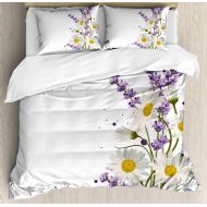 Ambesonne Lavender Duvet Cover Set, Vivid Bouquet with Daisies Color Slashes Scenic Modern, Decorative 3 Piece Bedding Set with 2 Pillow Shams, Queen Size, Green Marigold